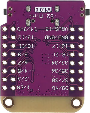 ESP32-S2 Mini Development Board 4MB Flash 2MB PSRAM Wi-Fi in Pakistan - a purple rectangular circuit board with labeled pin headers and a USB port at the top.