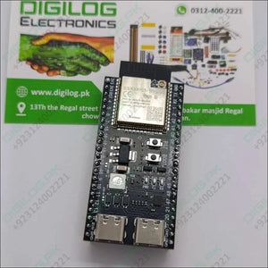 ESP32-S3 Devkitc-1 N16R8 Development Board – 16MB Flash, 8MB Psram, Wi-Fi & Bluetooth 5.0 Le With External Antenna Connector - a black rectangular circuit board with a metal shield, two buttons, and two USB-C ports, on a branded background.