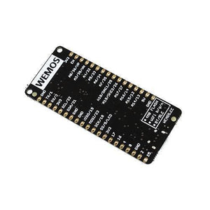 ESP32 Wemos LOLIN32 ESP32, WiFi + Bluetooth + LiPo Battery Connector - a black rectangular microcontroller development board with visible pin headers and printed labels, shown from an angled top-down view.