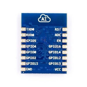 ESP8266 ESP-07 WiFi Module - shown from the top, featuring a blue rectangular circuit board with labeled pins including TXD0, RXD0, GPIO, RST, ADC, and VCC.