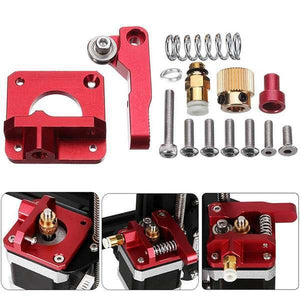 Extruder Kit Aluminum Extruder Drive Feed For Creality Ender 3/3 Pro Cr-10, CR-10S, Cr-10 S4, Cr-10 S5, 1.75mm Right Hand - a red metal extruder assembly, a spring, brass gear, pneumatic fitting, and various mounting screws.