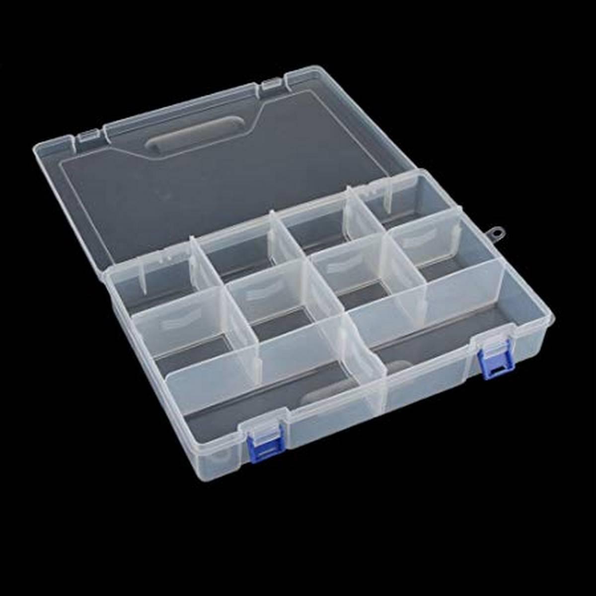 F300 Organizer Box Storage Box 10 Section Makeup Organizer Container Box - a transparent plastic storage container with ten internal compartments and two blue plastic latches on the front.