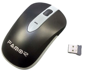 Famor M360 2.4G Wirleless Mouse - shown in black and grey with a scroll wheel and its accompanying USB receiver.