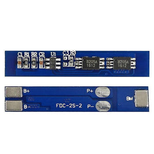 FDC-2s-22S 3A 7.4V 8.4V 18650 Lithium LiPo Cell Battery Charger Board Li-ion Battery Charging PCB BMS Protection Module Hx-2s-01 - the top and bottom sides of the blue rectangular circuit board with labeled solder pads and components.