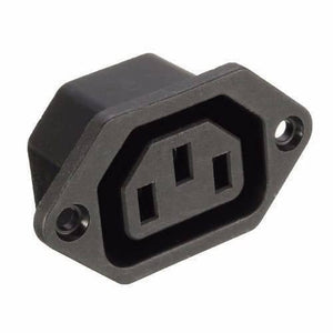 Female AC Power Plug Socket Connector Adapter - a black, panel-mount, three-pin electrical socket with two screw holes for mounting.