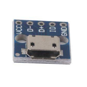 Female Micro USB To DIP 5-pin Bread Board Power Supply Breadboard Power Supply - a blue rectangular breakout board with a silver female micro USB port and five labeled through-hole pins.