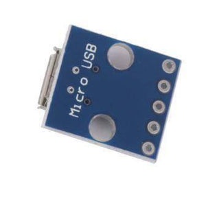 Female Micro USB To DIP 5-pin Bread Board Power Supply Breadboard Power Supply - a blue rectangular PCB with a Micro USB port on one side and five pin holes on the other.
