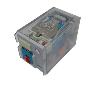 Finder Relay 12VDC 10A 60.12 With 8pin Rail-mount Relay Socket Relay Base - a rectangular, transparent-cased electrical relay with a red manual test button, a white label, and a printed wiring diagram.
