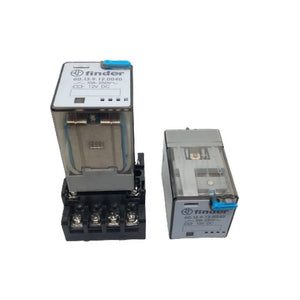 Finder Relay 12VDC 10A 60.13 With 11PIN Rail-mount Relay Socket Relay Base - one relay mounted on a black 11-pin base and one standalone relay, both with clear cases and blue test buttons.