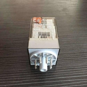 Finder Relay 220VAC 60.12 With 8pin Rail-mount Relay Socket Relay Base - a rectangular clear-cased relay with an eight-pin circular connector base and printed technical certification markings.