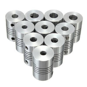 Flexible Coupling Shaft 5MMX6.35mm - shown as a group of ten identical silver-colored cylindrical metal connectors with spiral cuts and side set screws.