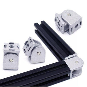 Flexible Pivot Joint Connector Zinc Alloy Hinge With Handle For Aluminum Extrusion Profile 2020 - three silver metal pivot joints and two connected black extrusion profiles.