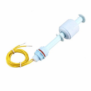 Float Switch Level Switch Liquid Level Sensor P110 - a light blue plastic vertical float switch with a red O-ring and attached yellow electrical wires.