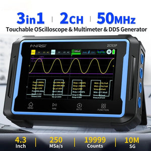 Fnirsi 2C53P 3-in-1 50MHz Dual Channel Oscilloscope Signal Generator Multimeter (portable Dso) - black and blue, showing a 4.3-inch screen with a yellow sine wave, measurement data, and touch-sensitive menu buttons.