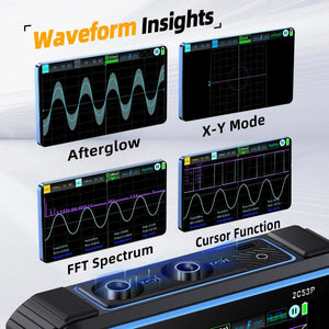 Fnirsi 2C53P 3-in-1 50MHz Dual Channel Oscilloscope Signal Generator Multimeter (portable Dso) - four screen modes: Afterglow, X-Y Mode, FFT Spectrum, and Cursor Function, with visible CH1 and CH2 input ports.