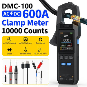 Fnirsi® Dmc-100 DC AC Current Voltage Clamp Meter Digital Multimeter - the black device with a digital display reading 600A, alongside test leads, a USB cable, and temperature probes.