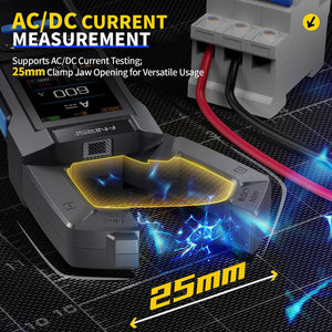 Fnirsi® Dmc-100 DC AC Current Voltage Clamp Meter Digital Multimeter - a 25mm jaw opening, a digital display reading 600A, and red and black wires connected to a grey terminal block.