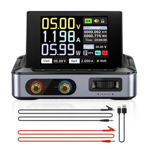 Fnirsi Dps-150 Programmable Mini Portable DC Power Supply 0-15V 0-10A 150W (digital Lab PSU) - display, two banana ports, a control knob, and two test leads with a USB cable below.
