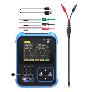 Fnirsi® DSO-TC3 3-in-1 Handheld 500kHz 10MS/S Digital Oscilloscopes Signal Generator Transistor Tester - with a blue protective case, screen displaying a waveform, test hooks, USB cable, and probe leads.