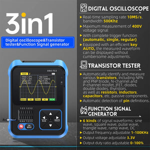 Fnirsi® DSO-TC3 3-in-1 Handheld 500kHz 10MS/S Digital Oscilloscopes Signal Generator Transistor Tester - shown with a blue frame, a screen displaying a sine wave, a ZIF socket, and navigation buttons with a menu key.