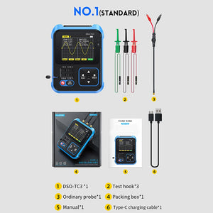 Fnirsi® DSO-TC3 3-in-1 Handheld 500kHz 10MS/S Digital Oscilloscopes Signal Generator Transistor Tester - contents: blue handheld device with screen, three test hooks, one probe, packaging box, manual, and a Type-C charging cable.
