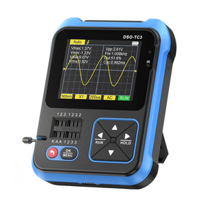 Fnirsi® DSO-TC3 3-in-1 Handheld 500kHz 10MS/S Digital Oscilloscopes Signal Generator Transistor Tester - a waveform on its screen, a component test socket, and navigation buttons.