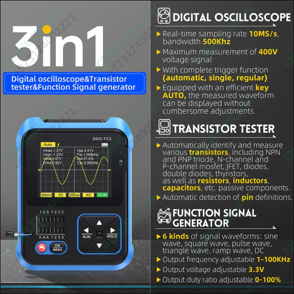 FNIRSI® DSO-TC3 3-IN-1 Handheld 500KHz 10MS/S Digital Oscilloscopes Signal Generator Transistor Tester in pakistan