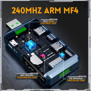 Fr FNB48P Bt USB Tester Price - an internal view of the blue device with its ARM main control chip, ADC conversion chip, and PD protocol chip highlighted.