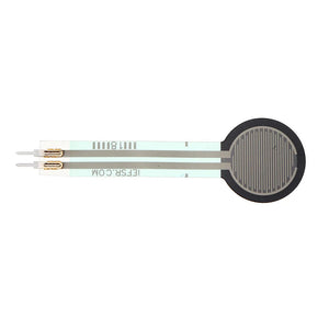 Fsr 0.6 Inch Force Sensitive Resistor - a thin, circular black sensor with a long, flat tail featuring two metallic pins at the end.
