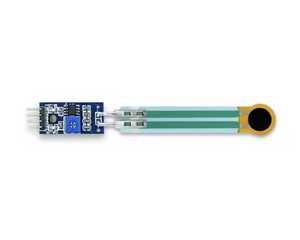 Fsr Single Zone Sensor RP-C7.6lt-LF2 | Thin Film Pressure Sensor - Digilog.pk - a thin film pressure sensor with a circular tip, flat green ribbon cable, and a blue circuit board with four pins.