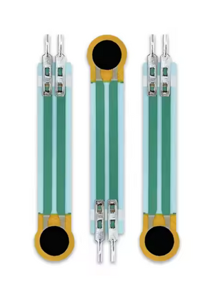 Fsr Single Zone Sensor RP-C7.6lt-LF2 | Thin Film Pressure Sensor - Digilog.pk - three thin-film pressure sensors with circular black contact pads, green strips, and metal pin connectors.