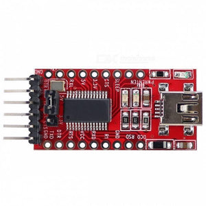 FT232RL 3.3V 5.5V FTDI USB To TTL Serial Adapter Module For Arduino Mini Port - a red rectangular circuit board featuring a mini-USB port, a jumper cap, and a row of six output pins.
