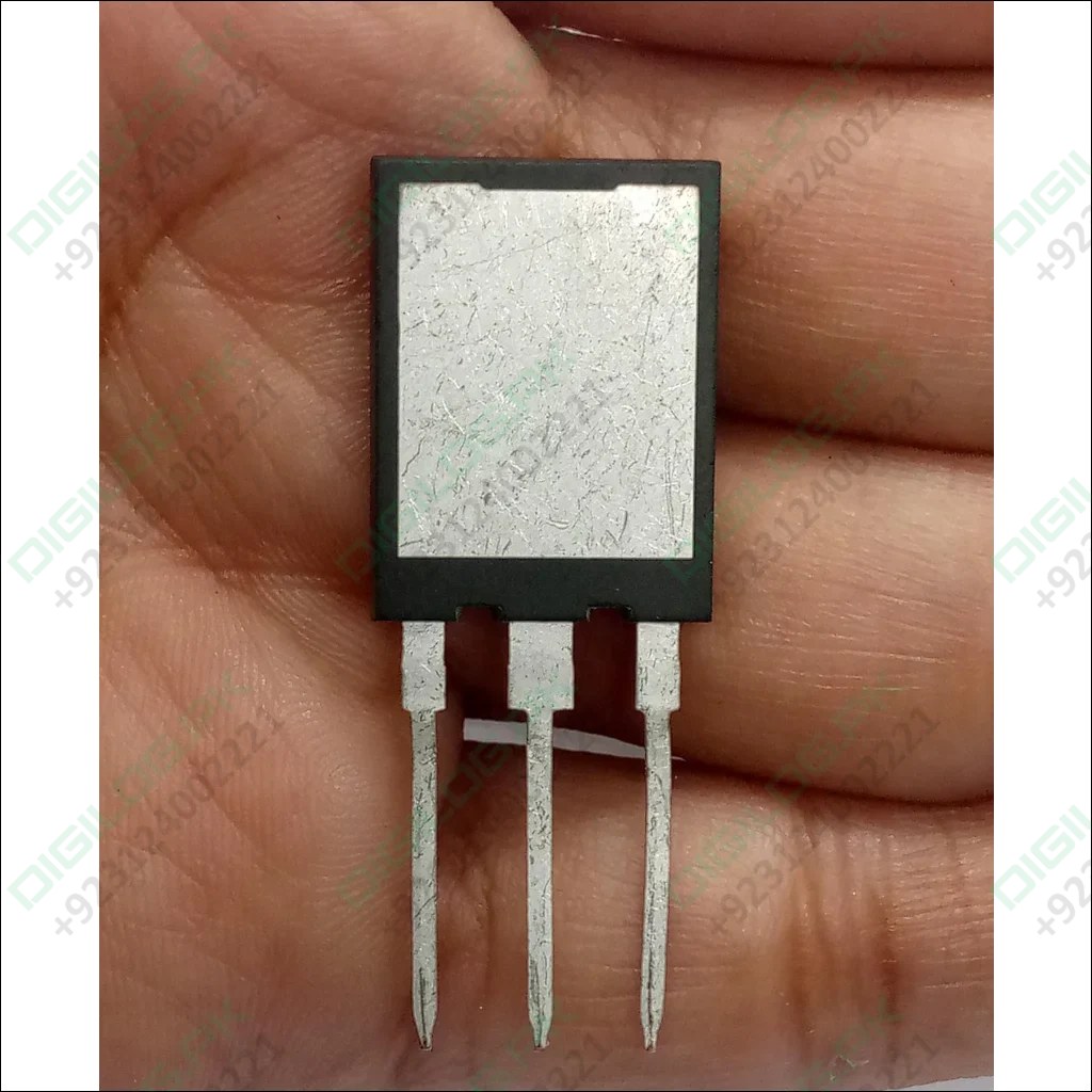 G75H120DF1 IGBT - 75A 1200V High-efficiency Power Transistor - a black three-pin power transistor with a large silver metal heat sink plate, held against a human hand.