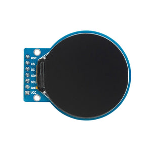 GC9A01 1.28-Zoll Rundes LCD TFT Display für Arduino - a circular black screen on a blue circuit board with seven labeled pins: RST, CS, DC, SDA, SCL, GND, and VCC.
