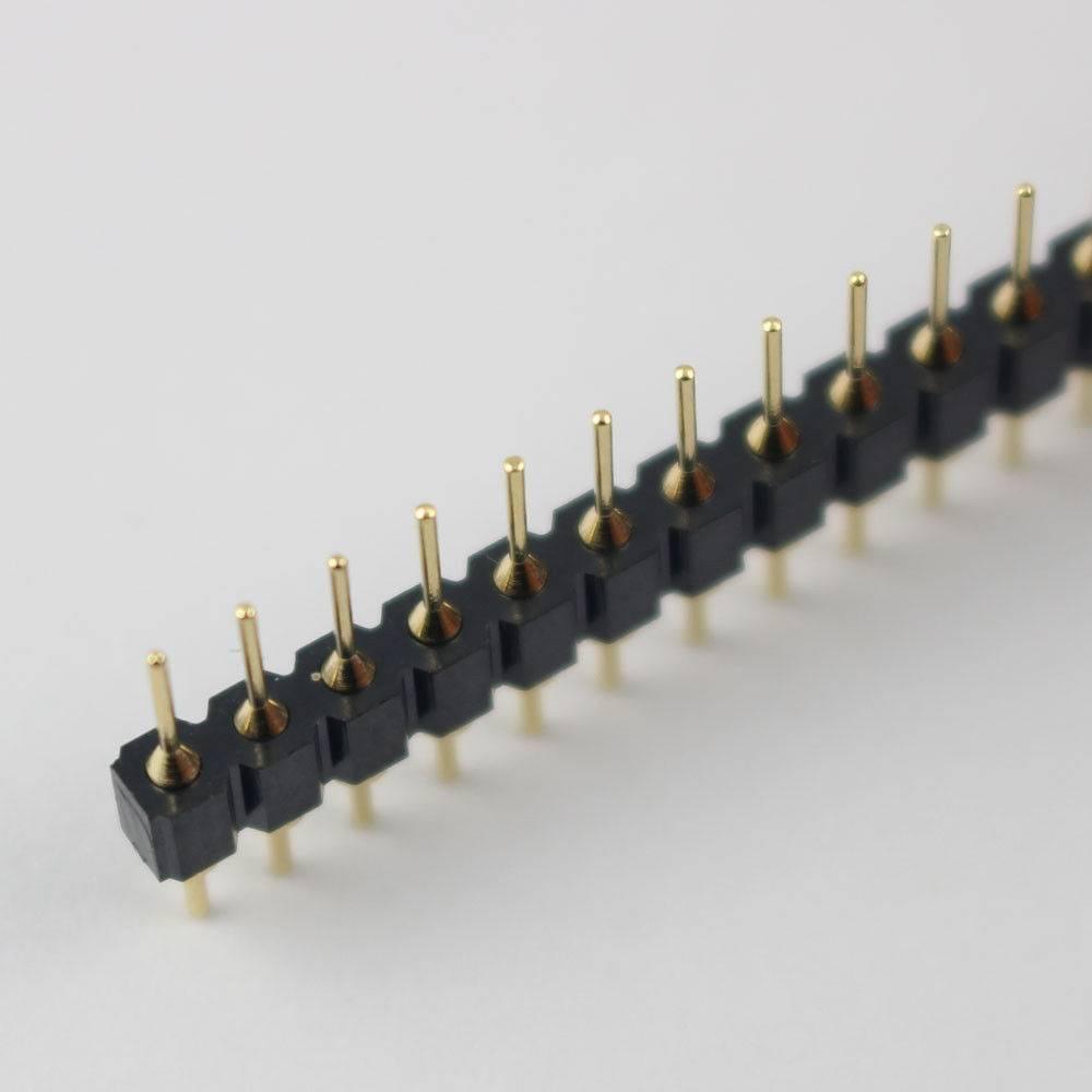 Gold Plated 2.54mm Male 40 Pin Single Row Straight Round Pin Header Strip - shown as a close-up of a black plastic strip with gold-plated metal pins.