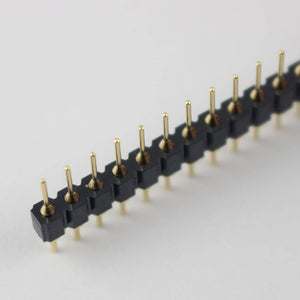 Gold Plated 2.54mm Male 40 Pin Single Row Straight Round Pin Header Strip - shown as a close-up of a black plastic strip with gold-plated metal pins.