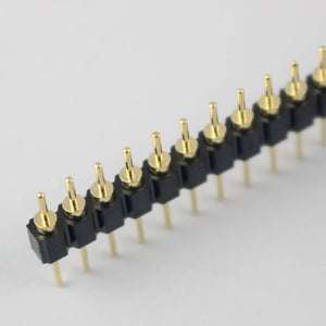 Gold Plated 2.54mm Male 40 Pin Single Row Straight Round Pin Header Strip - shown as a close-up of a black plastic strip with gold-plated metal pins.