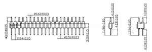 Gold Plated 2.54mm Male 40 Pin Single Row Straight Round Pin Header Strip - Strip technical line drawing showing dimensions and side profiles.