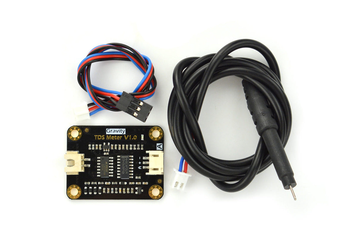 Gravity Analog Tds Sensor Meter For Arduino By Dfrobot - kit: a small black interface board marked TDS Meter V1.0, a three-wire signal lead and the black probe on its cable.