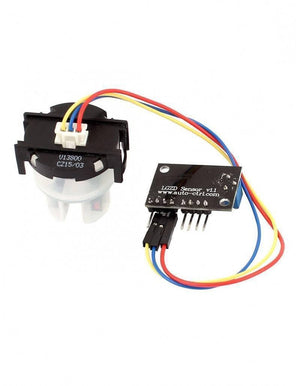 Gravity Arduino Analog Turbidity Sensor - a white plastic sensor head connected by a three-wire cable to a black circuit board with a blue knob.