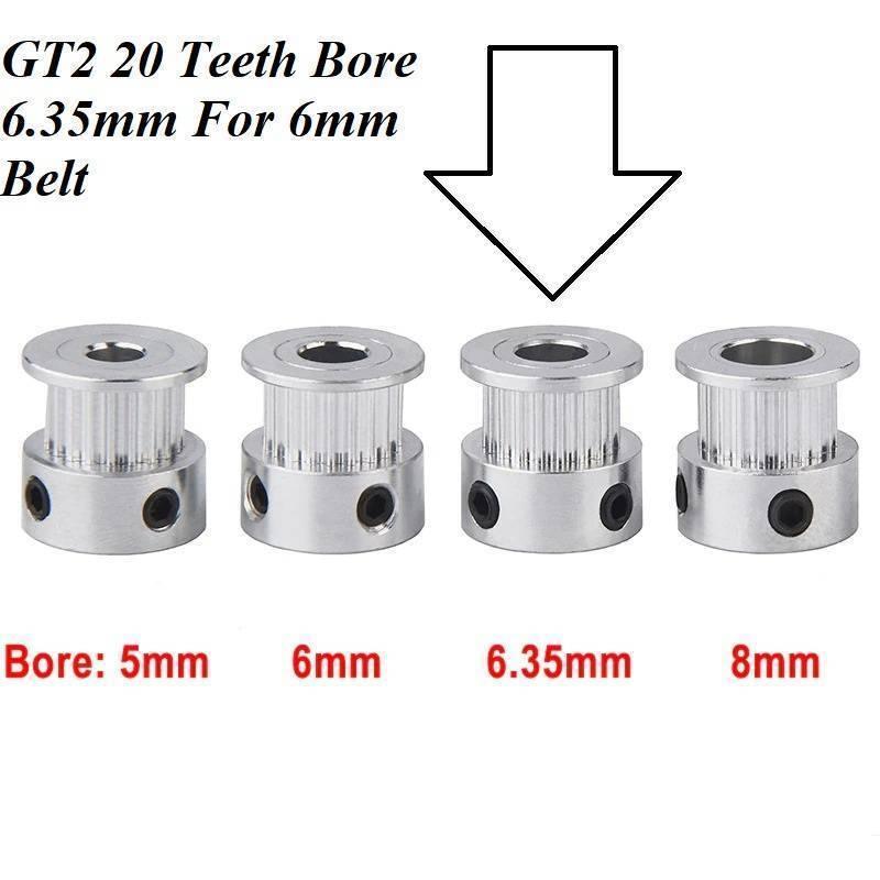 GT2 20 Teeth Timing Pulley Bore 6.35mm Shaft Aluminum Pulley For 6mm Belt 3d Printer Parts For NEMA23 - four silver aluminum pulleys with different bore sizes labeled 5mm, 6mm, 6.35mm, and 8mm for 6mm belts.