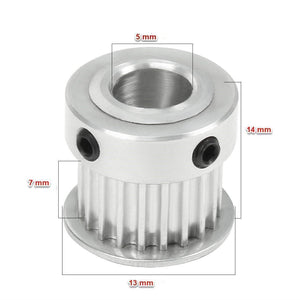 GT2 Pulley 16 Teeth Bore 5mm Timing Gear Alumium For GT2 Belt Width 13mm 3d Printer Accessories - a silver aluminum timing gear with two black set screws, shown in a product dimension diagram with labels for its size.