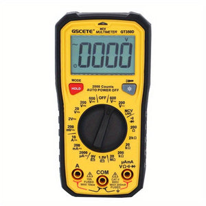 GT350D Professional Digital Multimeter - a yellow and black handheld device with a central rotary dial, digital display, function buttons, and three ports.