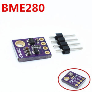 Gy BME280 5V Temperature And Humidity Sensor - shown as a purple circuit board with four pins and a small inset view of the labeled connection points.