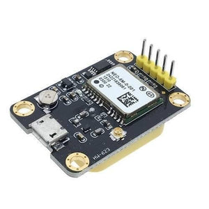 GY-GPS6MV2 Neo-6m GPS Module - a black circuit board, a silver metal GPS chip, a micro-USB port, and a five-pin header connector.