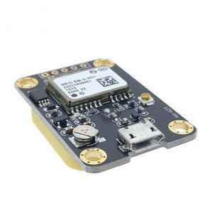 GY-GPS6MV2 Neo-6m GPS Module - a black circuit board with a micro-USB port, a silver metal GPS module, and a small circular battery.