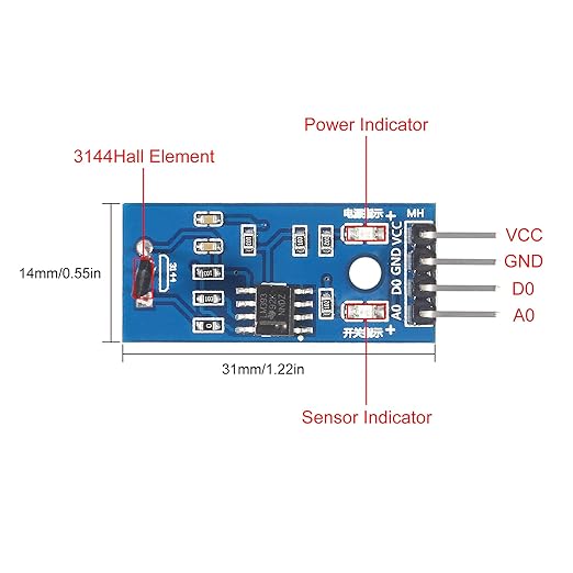 Hall Effect Sensor Module 3144 - a blue rectangular circuit board with a Hall element, LM393 chip, indicators, and four pins, shown with dimension labels.