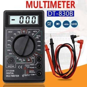Handheld Digital Multimeter DT830B Mini LCD Voltmeter Ammeter Ohm Tester - a black handheld device with a central rotary dial, LCD screen displaying -00.0, input ports, and red and black test leads.