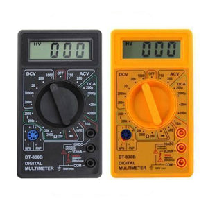 Handheld Digital Multimeter DT830B Mini LCD Voltmeter Ammeter Ohm Tester - one black and one yellow unit side-by-side, each featuring a rotary dial, LCD screen displaying 000, and ports.