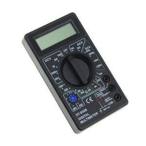 Handheld Digital Multimeter DT830B Mini LCD Voltmeter Ammeter Ohm Tester - a blank LCD screen, a central rotary dial, and labeled input ports on a black handheld plastic housing.
